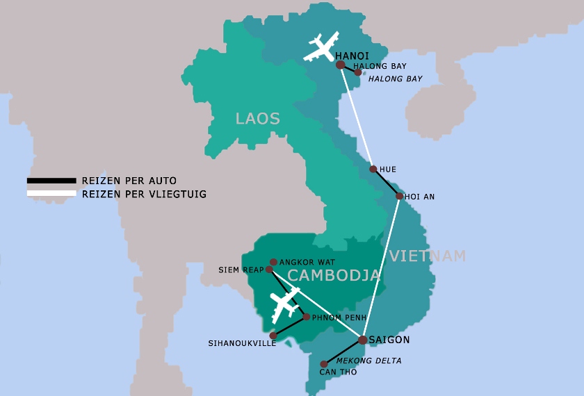 Vietnam en Cambodja reis kaart iki Travels